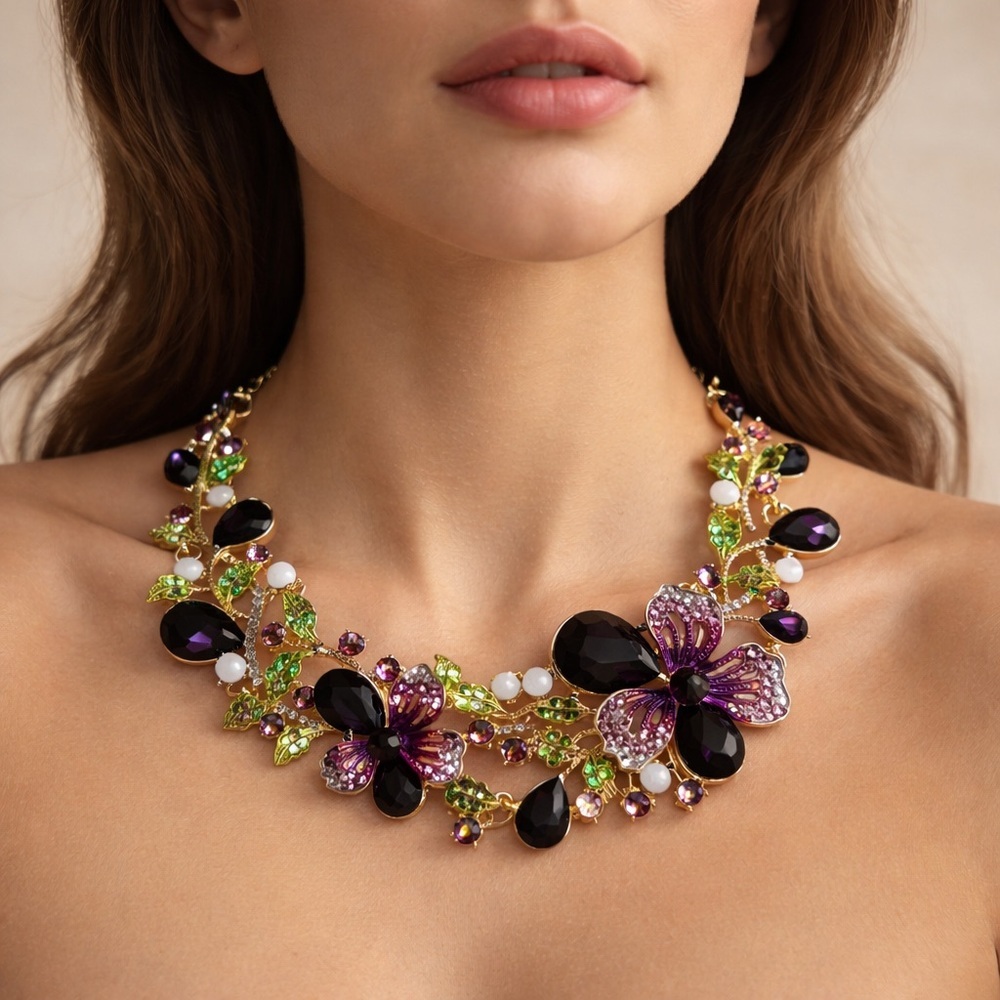 Floral Statement Necklace Gold Purple Crystal Garden Cottagecore Fairycore